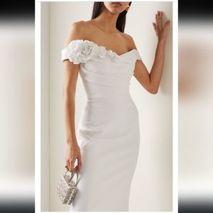 Women's Marchesa White Floral-appliqued Crepe Off-the-shoulder Midi Dress sz8